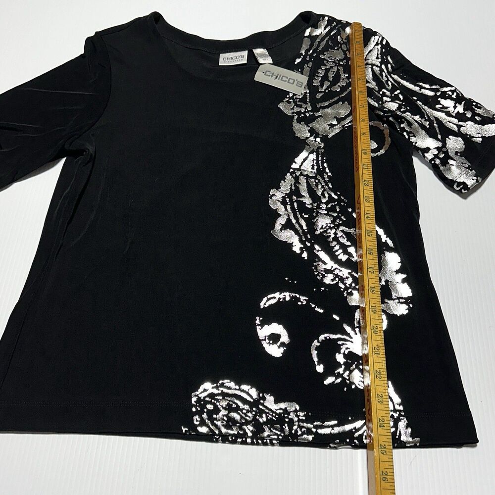 Chicos Travelers 3 Slinky Belinda Top Black Silver Liquid Knit Women US XL NWT - Picture 8 of 8